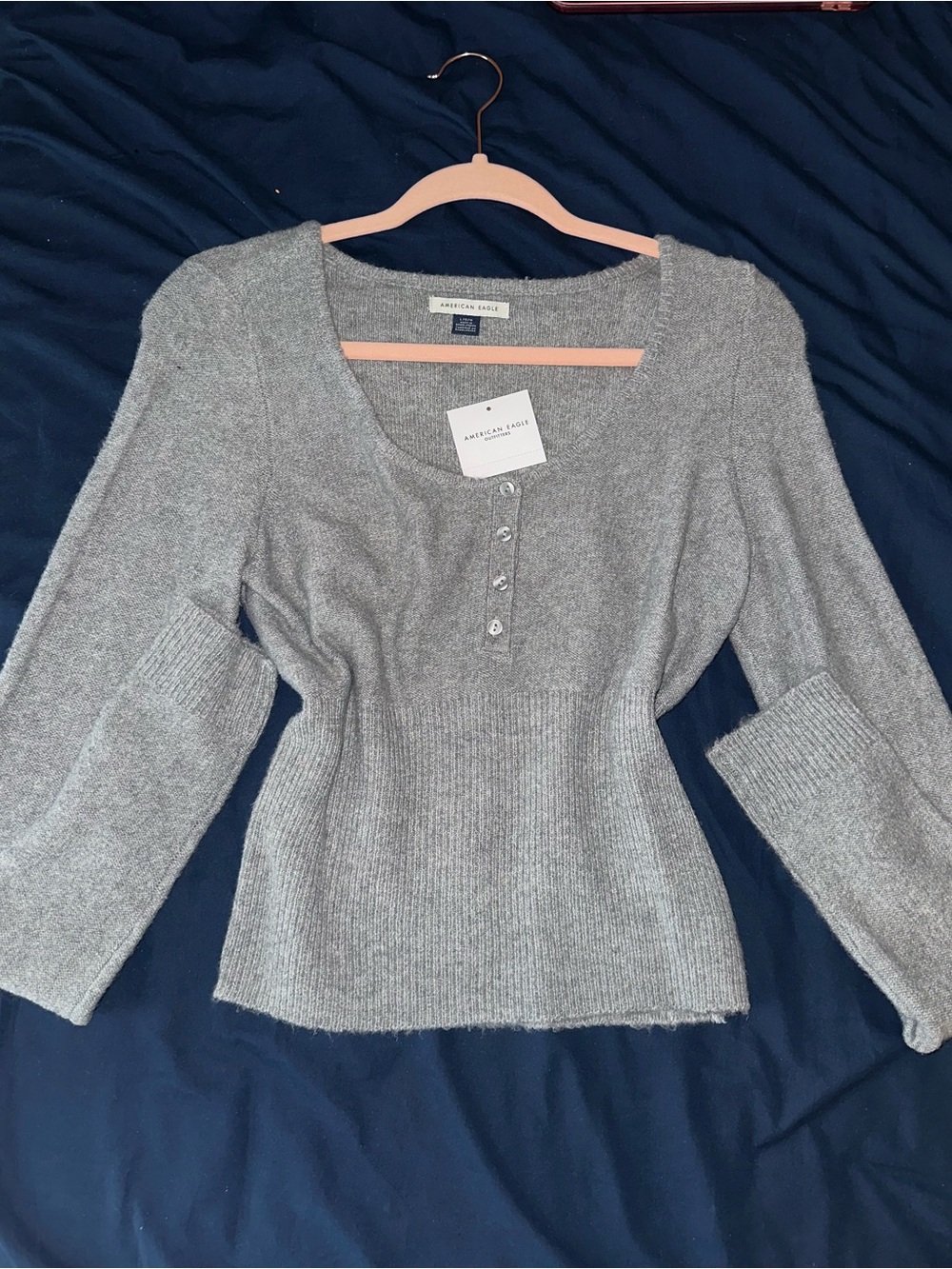 American Eagle Outfitters Light Gray Henley Ribbed Waist Knit Sweater Top